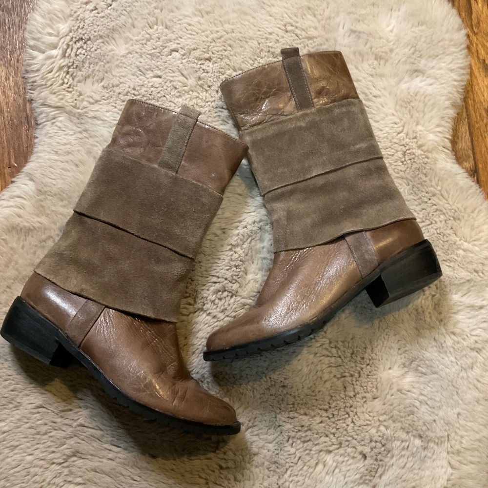 Antelope Boots Size 38 Taupe Mid‎ Calf Pull On Leather Suede Side Zip